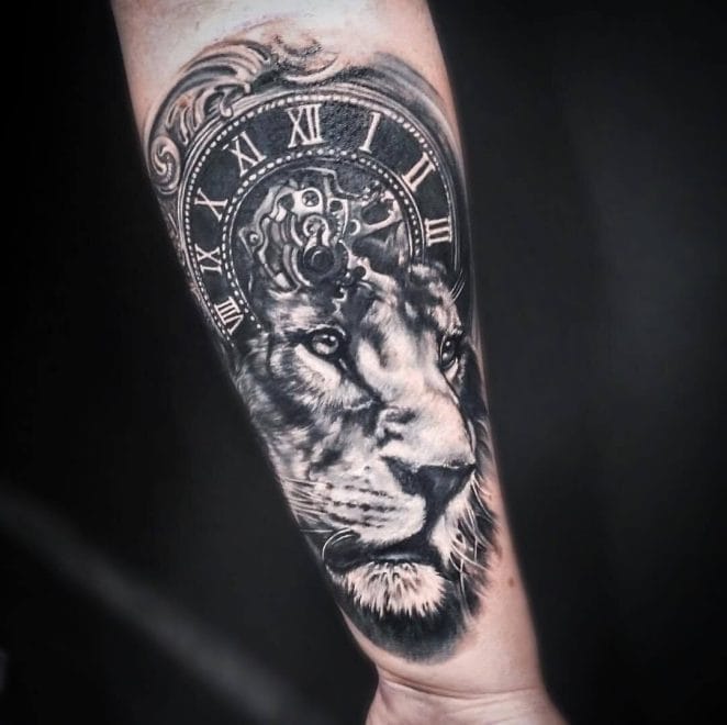 15+ Lion and Clock Tattoo Designs Cool Lion Clock Tattoos