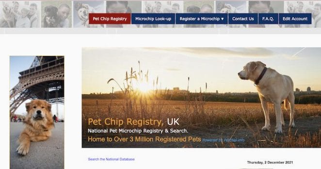 UK Pet Chip Registry homepage