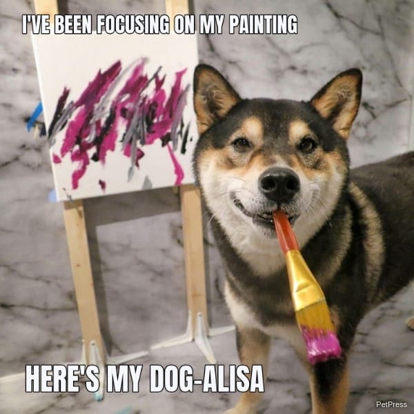 Smiling painting dog meme